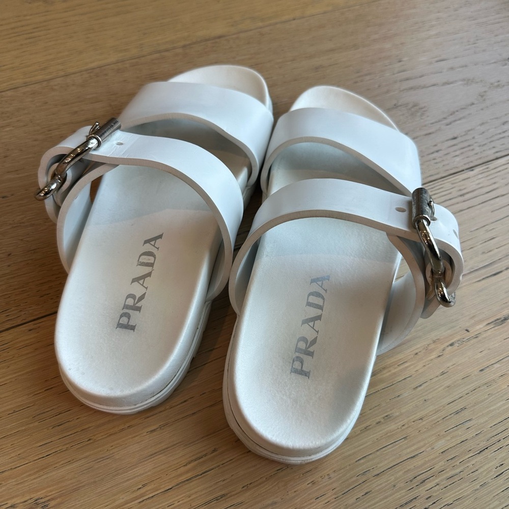 PRADA Rubber White Sandals with Silver Buckle